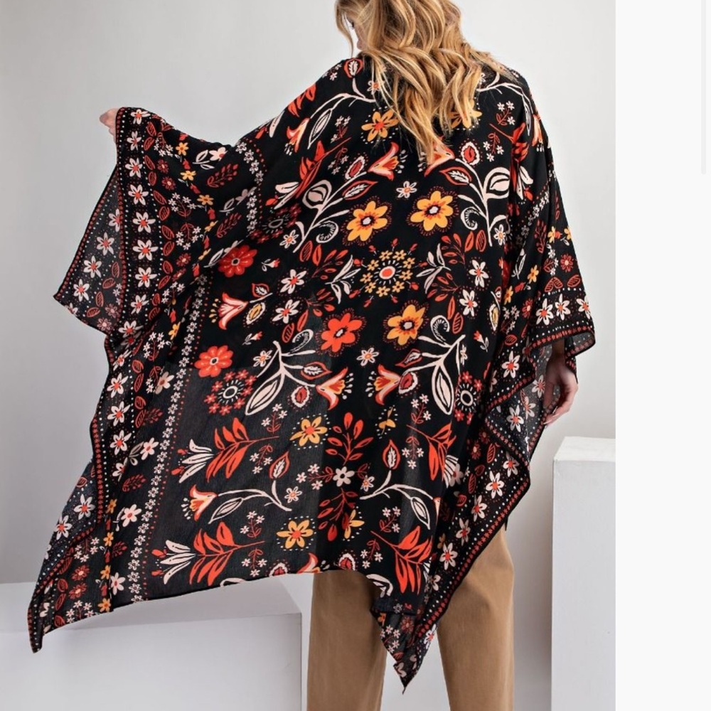 easel Black Floral Kimono Cardigan with Red & Pink Accents - Picture 3 of 3
